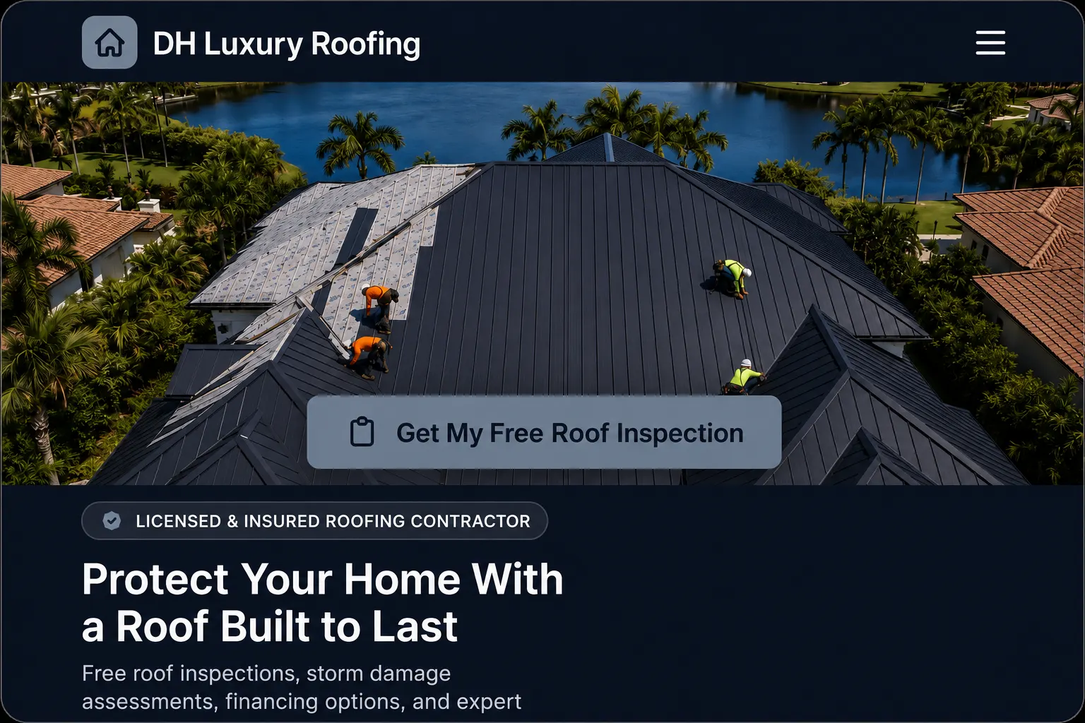 DH Luxury Roofing website design with roof inspection call to action