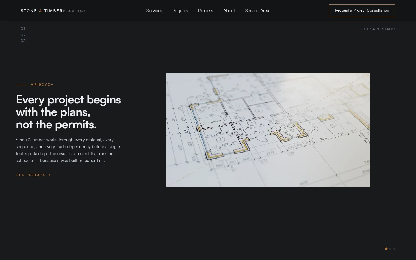 Stone & Timber Remodeling — Plan scene in pinned horizontal narrative