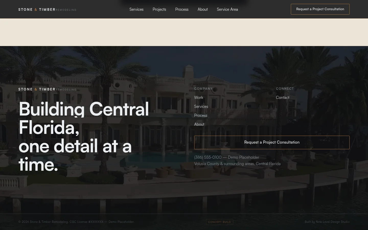 Stone & Timber Remodeling — cinematic closing footer