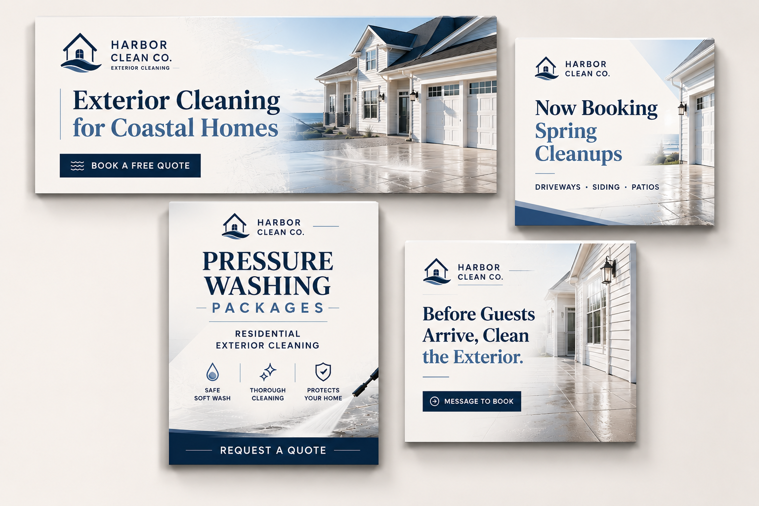 Four branded Starter Pack assets including a Facebook cover, Google Business Profile post, campaign flyer, and square social media post