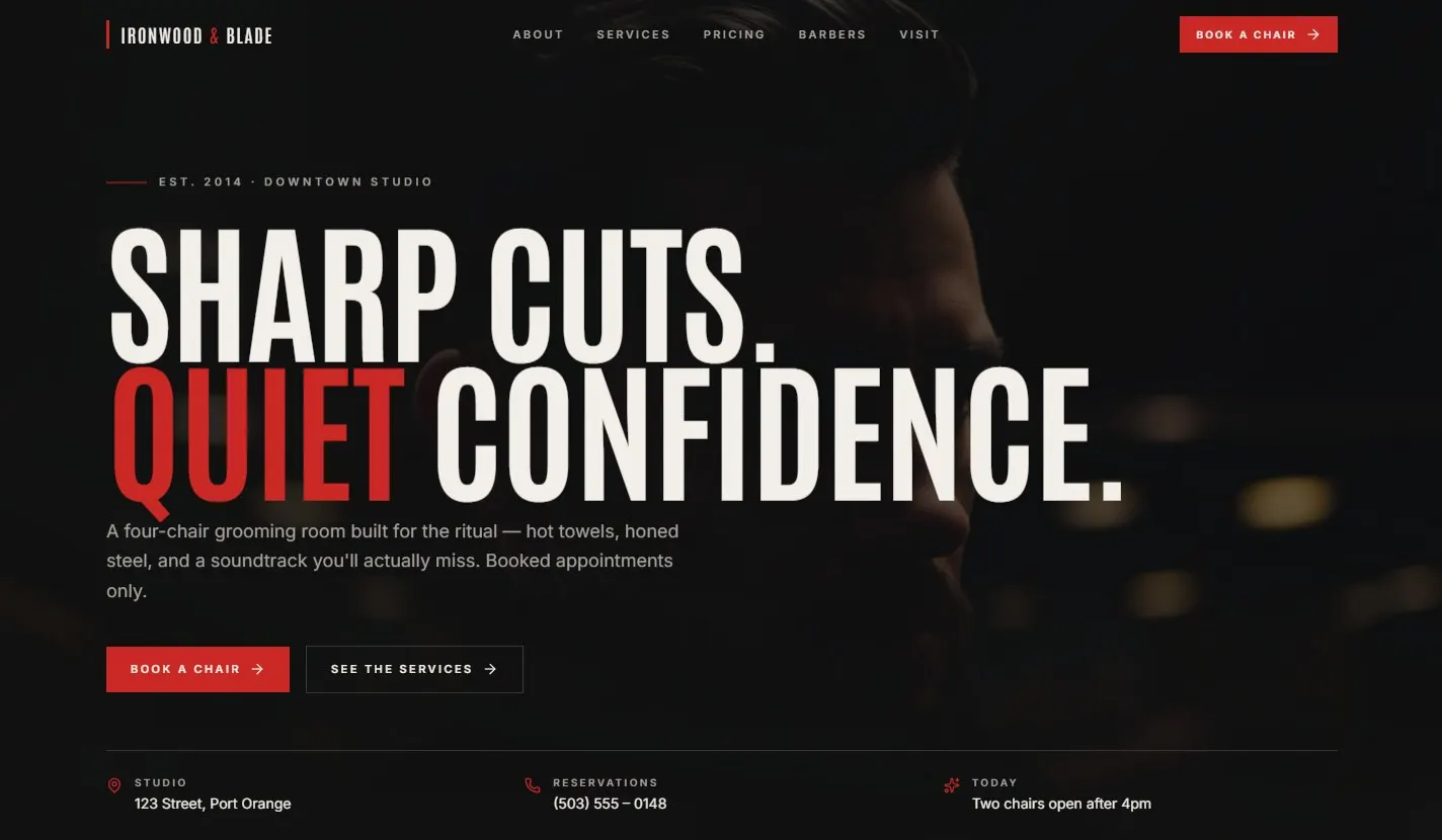 The Grooming Forge (Ironwood & Blade) barbershop website concept hero section